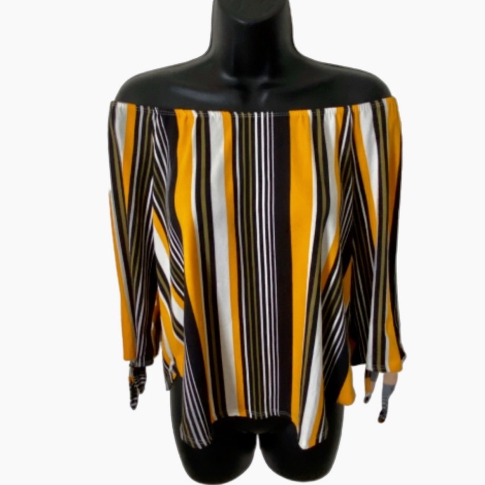 Discreet Off-Shoulder Striped Crop Top Blouse - Yellow, Black, White Size Small